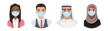 Hastalığı, gribi, hava kirliliğini, kirli havayı ve dünya kirliliğini önlemek için maske takan bir grup insan. Düz bir şekilde vektör illüstrasyonu. Çizgi film karakterleri kümesi