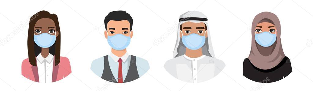 Group of people wearing medical masks to prevent disease, flu, air pollution, contaminated air, world pollution. Vector illustration in a flat style. Set of cartoon characters