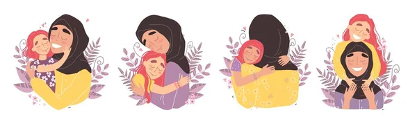 Arabic happy family. Mothers day greeting card, Mom and girl are smiling and hugging — Stock Vector