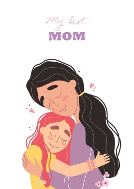 Beautiful young woman and her charming little daughter. Girl hugs mom and smiles
