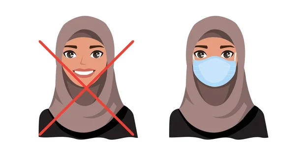 Wanita Arab memakai topeng medis untuk mencegah penyakit, flu, polusi udara, udara yang terkontaminasi, polusi dunia. - Stok Vektor