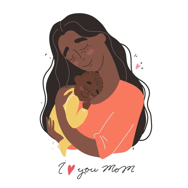 Tarjeta de felicitación del día de las madres, madre abraza al bebé — Vector de stock