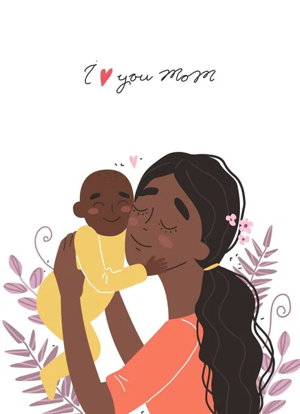 Carte de vœux de la fête des mères, câlins de mère bébé — Image vectorielle