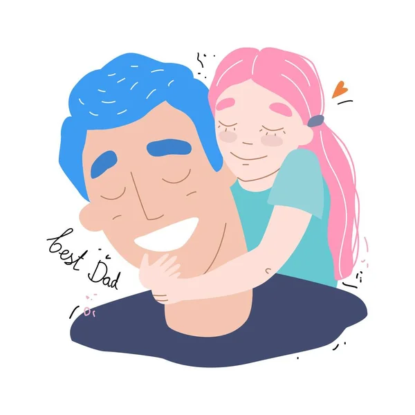 Ημέρα πατέρων, ευτυχισμένη οικογένεια κόρη αγκαλιάζει τον μπαμπά και χαμογελά — Διανυσματικό Αρχείο