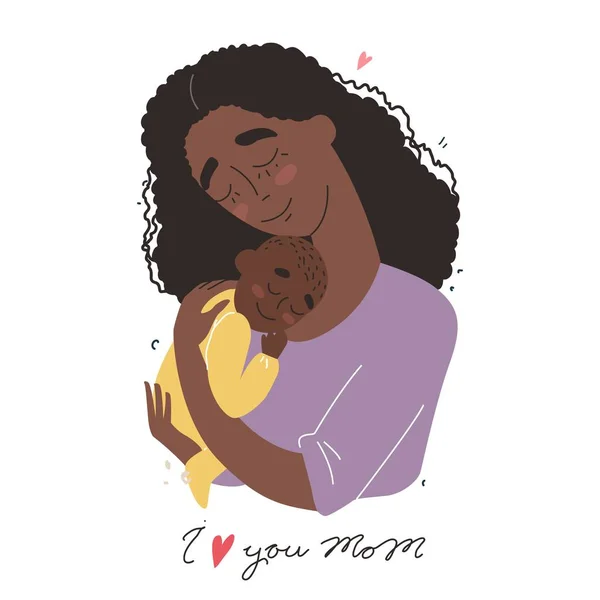 Ημέρα της Μητέρας ευχετήρια κάρτα, μαύρο αφροαμερικανή μητέρα αγκαλιάζει το μωρό — Διανυσματικό Αρχείο
