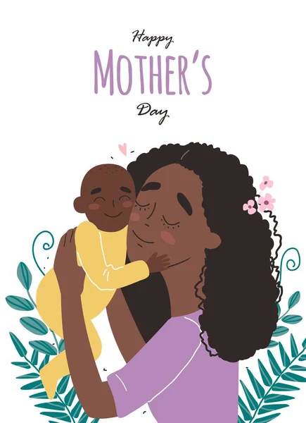 Muttertagsgrußkarte, Mutter umarmt Baby — Stockvektor