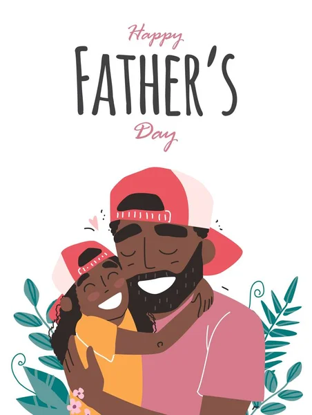 Día de los padres, familia feliz, hija afroamericana negra abraza a papá y sonríe — Vector de stock