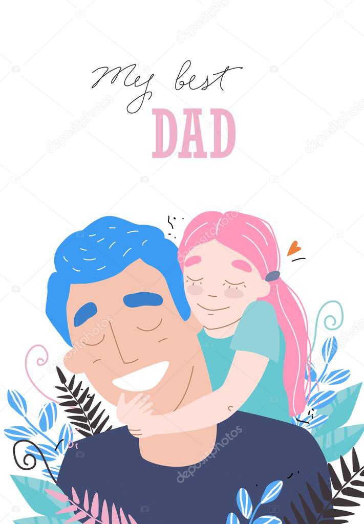 Fathers day, happy family daughter hugs dad and smiling