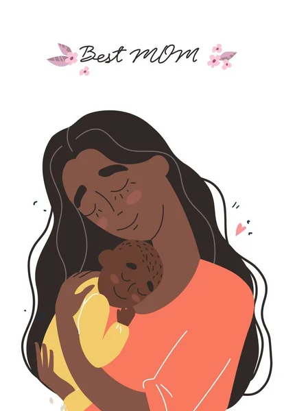 Tarjeta Felicitación Del Día Las Madres Mamá Abraza Bebé Vacaciones — Vector de stock