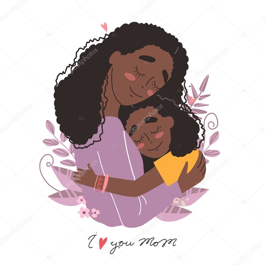 Mothers day greeting card. Black african american mother hugs baby. Family holiday and togetherness. Vector eps 10