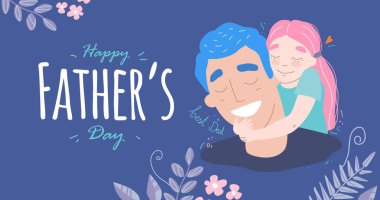 Babalar Günü. Kızı babasına sarılıyor ve gülümsüyor. Aile tatili ve birliktelik. Büyük harfli insanlar