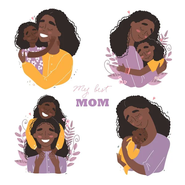 Tarjeta Felicitación Del Día Las Madres Madre Afroamericana Negra Abraza — Vector de stock