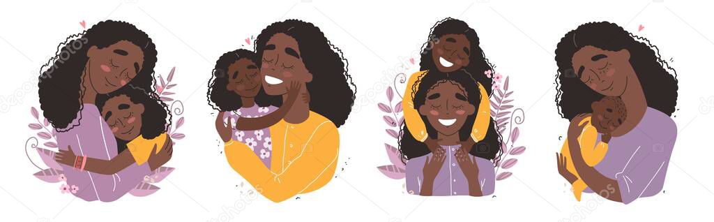 Mothers day greeting card. Black african american mother hugs baby. Family holiday and togetherness. Vector clip art