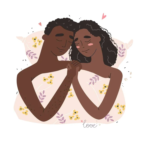 Kochankowie Mężczyzna Czarna Afrykańska Kobieta Przytulają Się Łóżku Szczęśliwej Rodzinnej — Wektor stockowy
