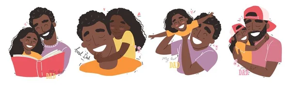 Fathers Day Black African American Daughter Hugs Dad Smiling Family — Stock Vector