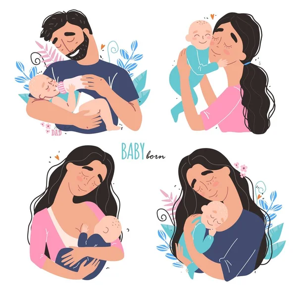 Padres Felices Abrazan Bebé Recién Nacido Conjunto Lindo Clipart — Vector de stock