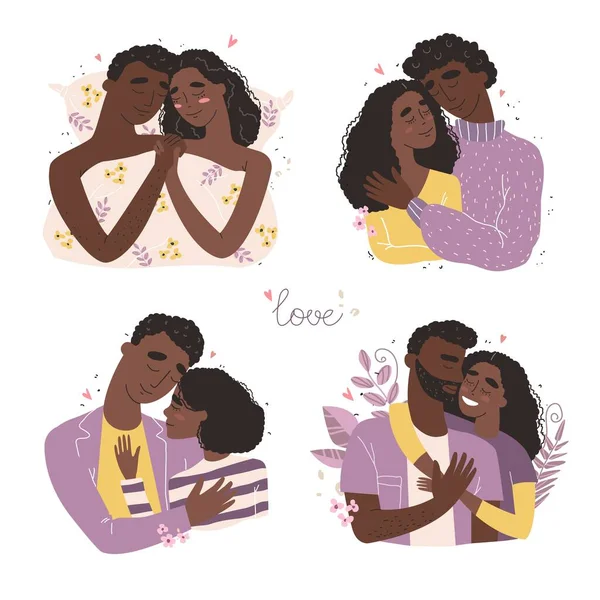 Amantes Afroamericanos Negros Hombres Mujeres Abrazos Concepto Familiar Feliz Pareja — Archivo Imágenes Vectoriales