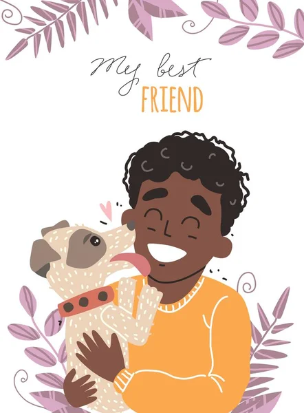 Iyi Arkadaş Siyah Afrikalı Amerikalı Çocuk Köpeği Bir Çocuk Köpeğine — Stok Vektör