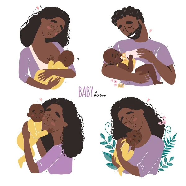 Felici Genitori Afro Americani Neri Abbracciano Loro Neonato Set Clipart — Vettoriale Stock