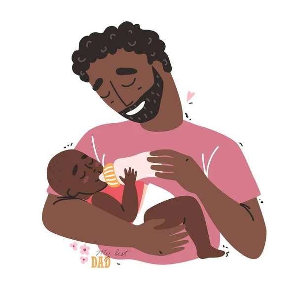 Siyahi Afrikalı Amerikalı Bir Babanın Bebeğini Biberonla Beslemesi Sağlıklı Bebek — Stok Vektör