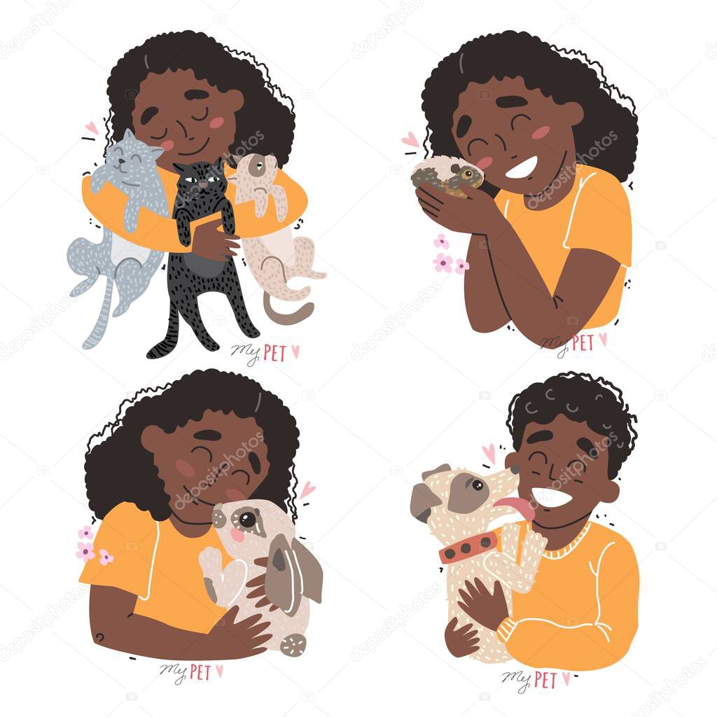 Cute children hold their pets in the arms. Set of clipart