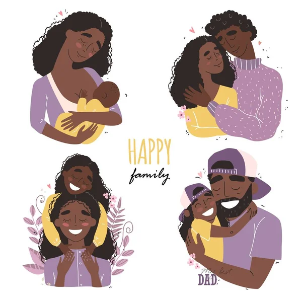Set clip art egy boldog mosolygós fekete afro-amerikai családok elszigetelt fehér háttér — Stock Vector