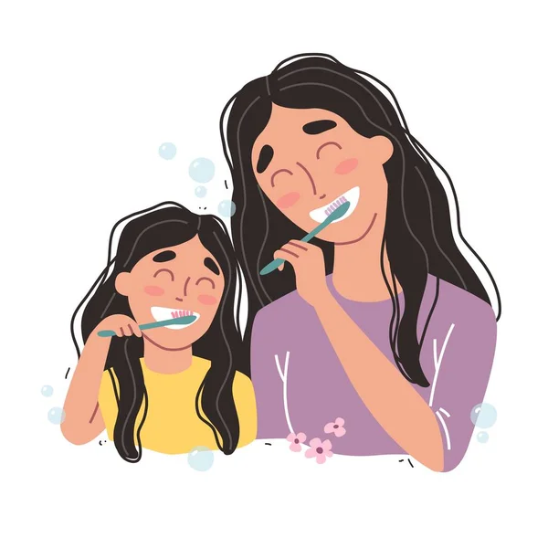 Mère et fille se brossant les dents. famille heureuse et santé . — Image vectorielle