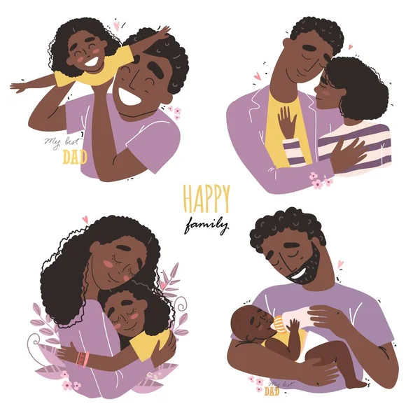 Set clip arte de un feliz sonriente negro afroamericano familias aisladas sobre fondo blanco — Vector de stock