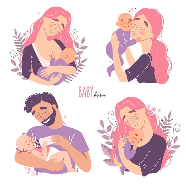 Jovens pais felizes abraçam seu bebê recém-nascido —  Vetores de Stock