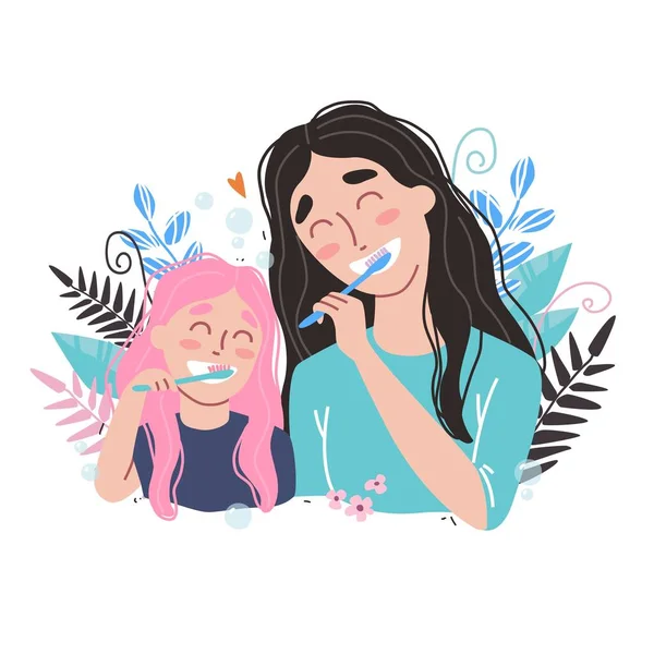 母と娘は歯を磨く。幸せな家族と健康. — ストックベクタ