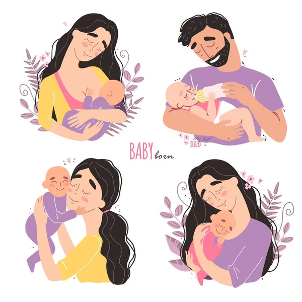Pais Felizes Abraçar Seu Bebê Recém Nascido Conjunto Clipart Bonito —  Vetores de Stock