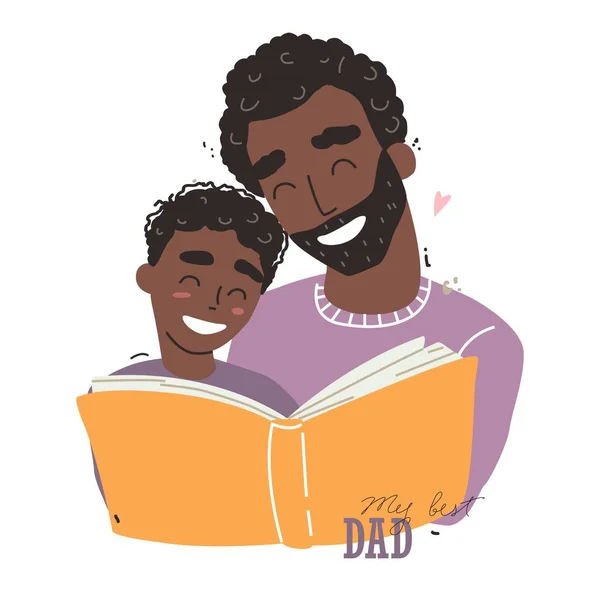 Czarny Afrykański Ojciec Czyta Książkę Swojemu Synowi Szczęśliwej Kochającej Rodziny — Wektor stockowy