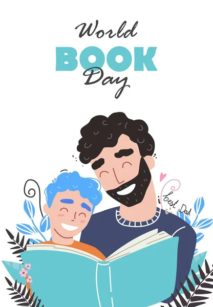 父は息子に本を読んでいた 幸せな家族や父の日を愛する 世界の本の日 家族の概念のベクトル図 — ストックベクタ