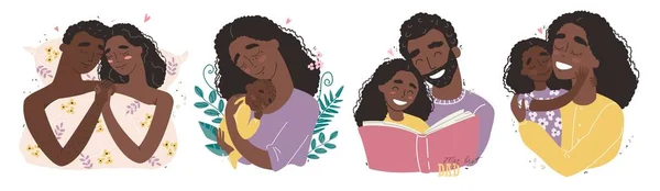 Set Clip Art Happy Smile Black African American Families Απομονωμένες — Διανυσματικό Αρχείο