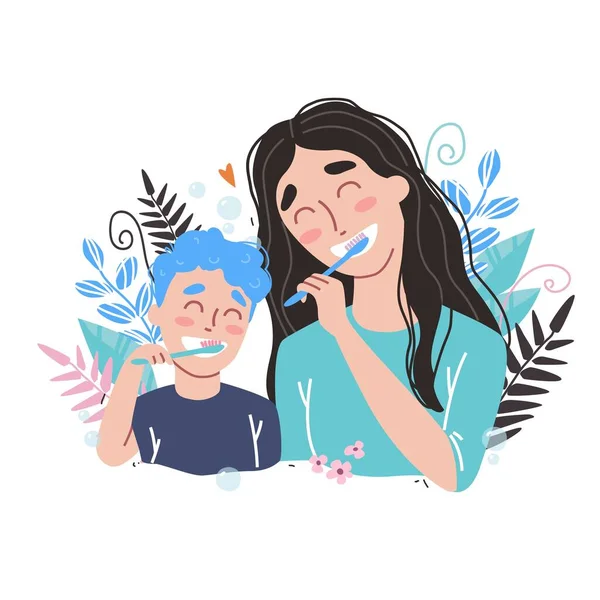 母と息子の歯を磨くベクトルイラスト 幸せな家族と健康 — ストックベクタ