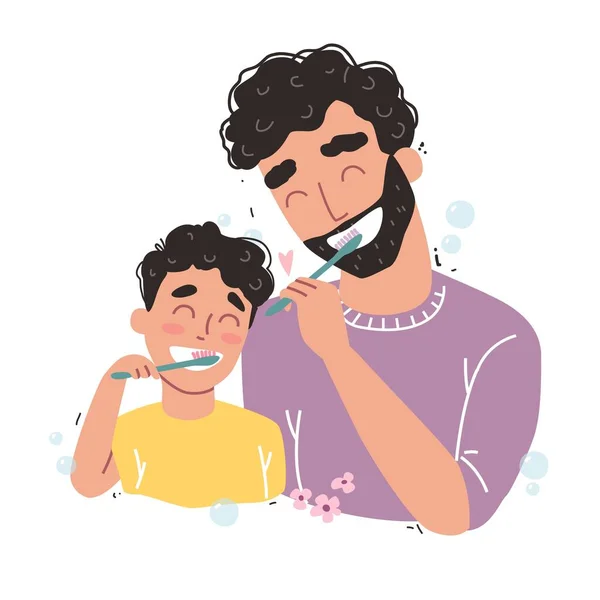 Vektorillustration Von Vater Und Sohn Beim Zähneputzen Glückliche Familie Und — Stockvektor
