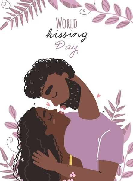 Romántica Pareja Afroamericana Negra Enamorada Besarse Día Mundial Del Beso — Archivo Imágenes Vectoriales