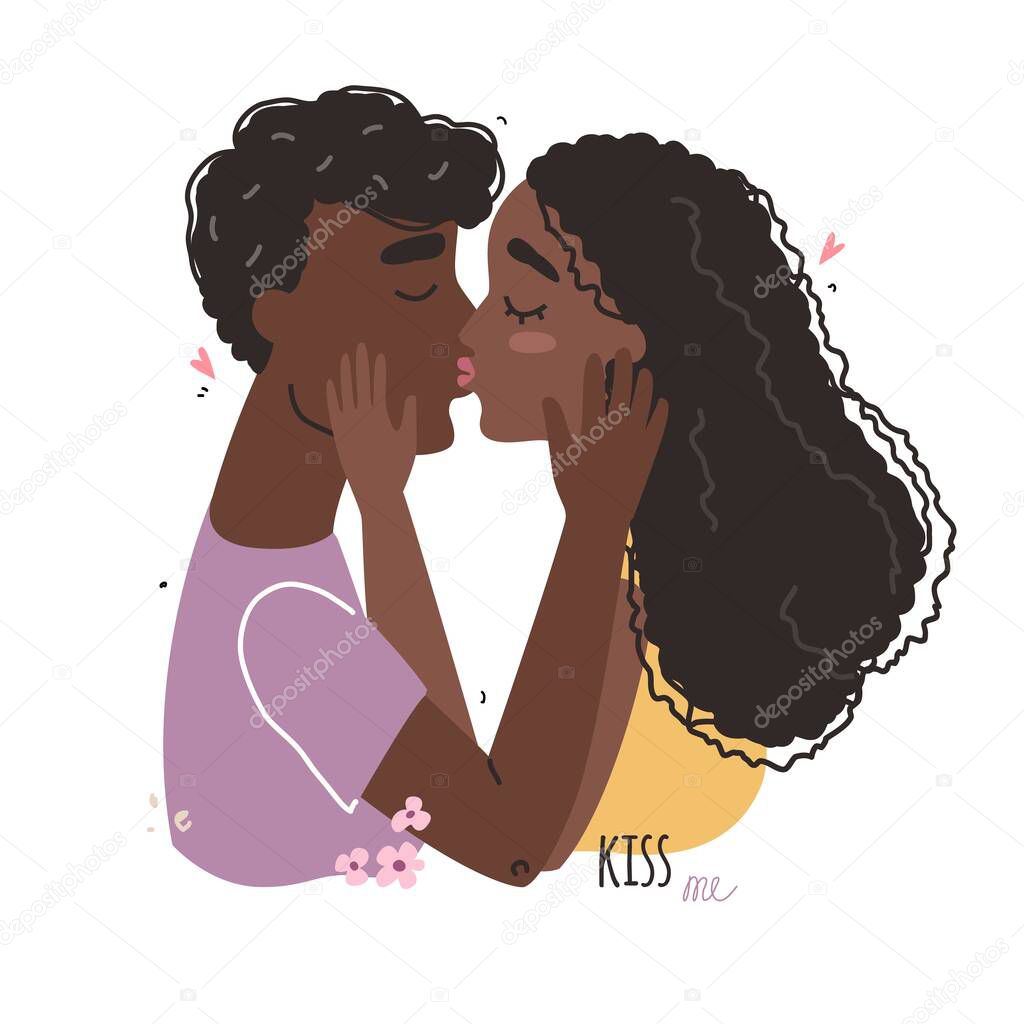 Romantic black african american couple in love kissing. World kissing Day. Vector illustration