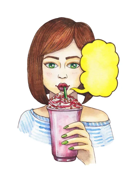 Uma rapariga a beber. Ilustração aquarela — Fotografia de Stock
