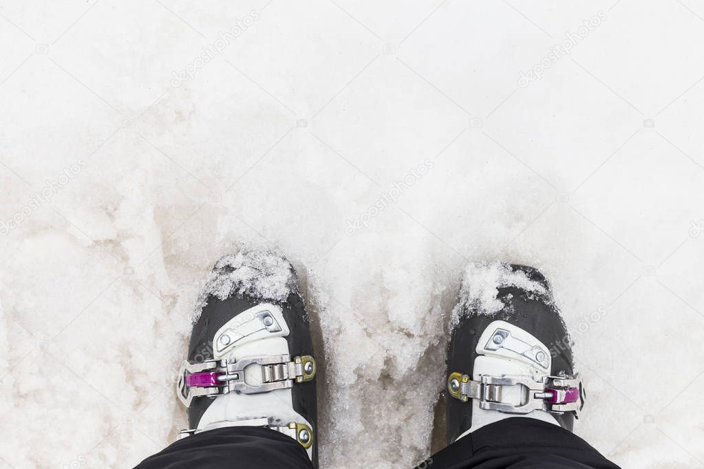 woman ski boots. Top view. snow background