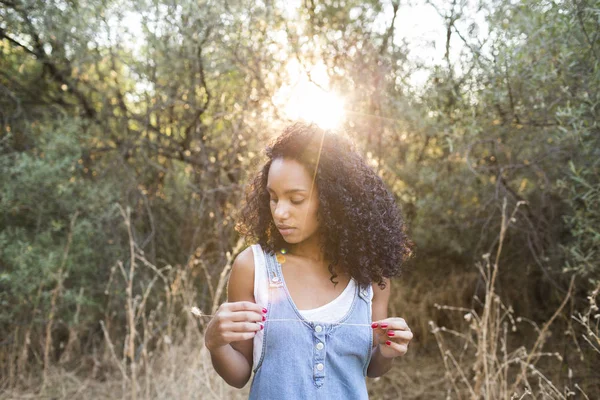 Potret luar ruangan seorang wanita afro Amerika muda saat matahari terbenam. Hidup — Stok Foto