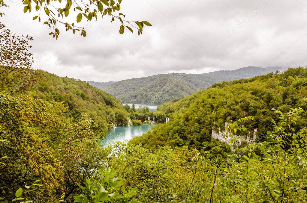 landscape of two ake and mountains at Plitvice lakes park