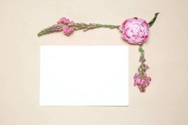 Şakayık bej renkli arka plan üzerinde kağıt ile dekoratif çiçek çerçeveli