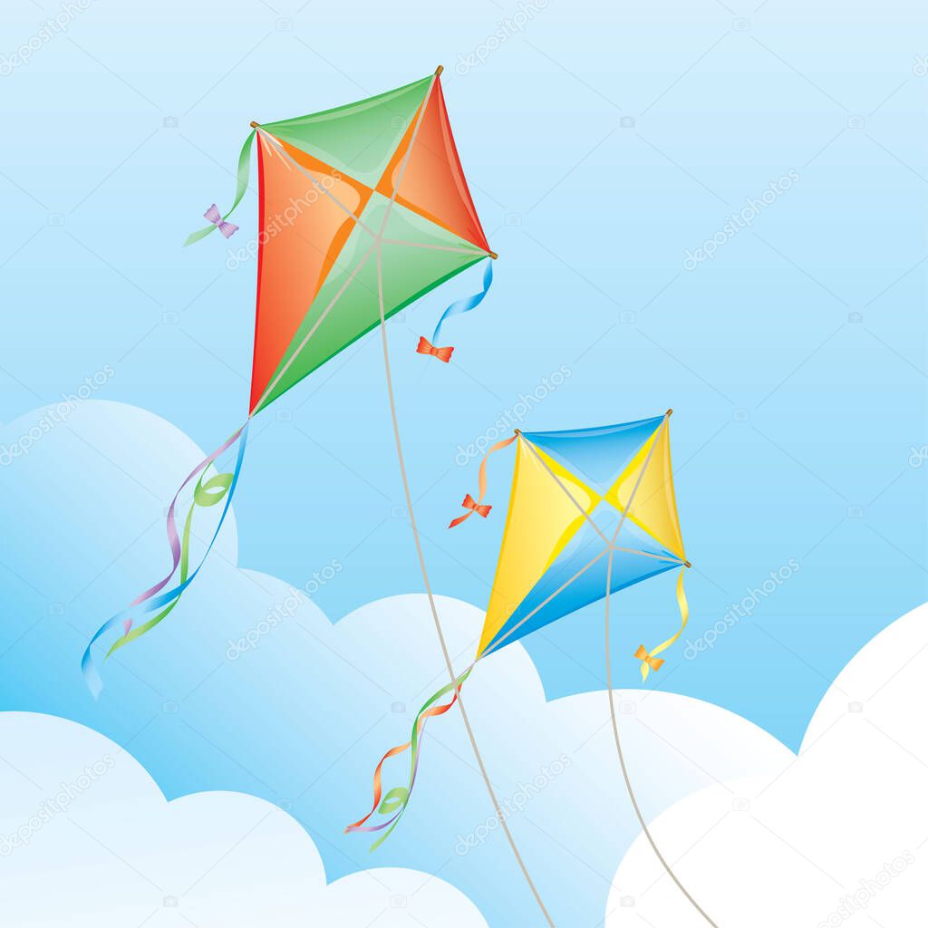 Kite above the clouds.Vector illustration of Kites in Air.Flying kites