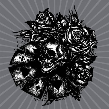 El Çizimi Taslak Vektör çizimi. Gül ve kafatası dövmesi..