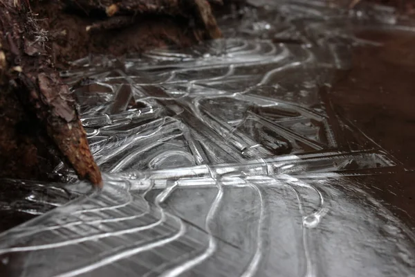 Παγωμένη Λακκούβα Και Χώμα Μακρό — Φωτογραφία Αρχείου