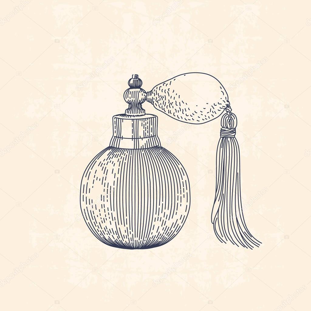 Vintage line drawing illustration of perfume, old-fashioned spray