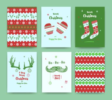 Merry Christmas greeting card set with socks, winter gloves, mus clipart