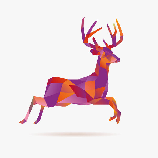 Jumping christmas low poly deer, vector illustration