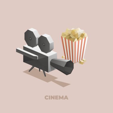 Kırmızı ve beyaz çizgili patlamış mısır kovalı film kamerası projektörü, çokgen izometrik vektör çizimi